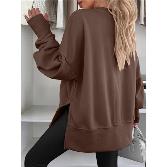 Side Slit Round Neck Long Sleeve Sweatshirt - Picture 10 of 16